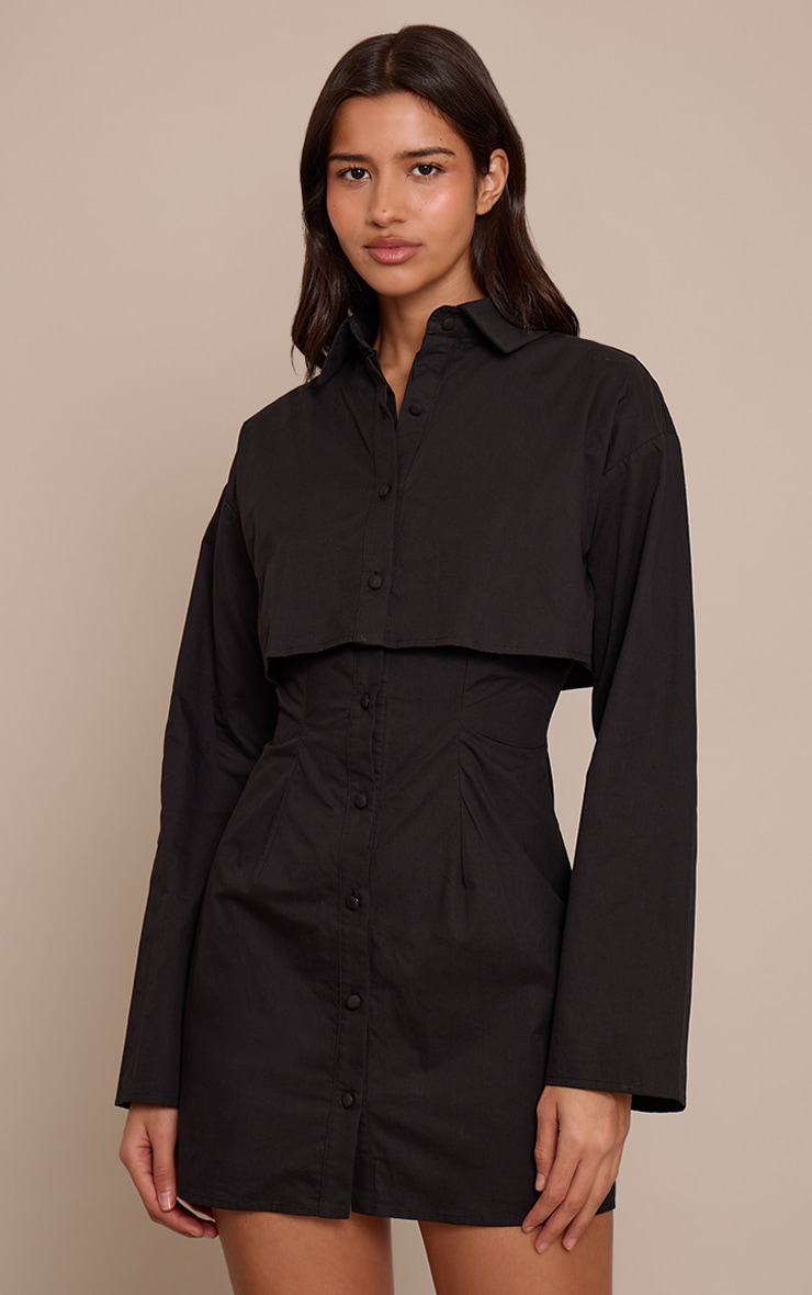 Tall Black Overlay Detail Long Sleeve Shift Dress image 1
