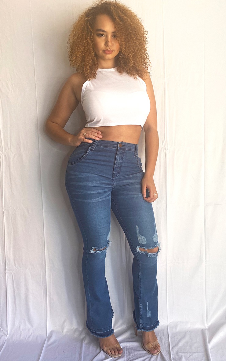 Plus Mid Blue Distressed Knee Flare Jean