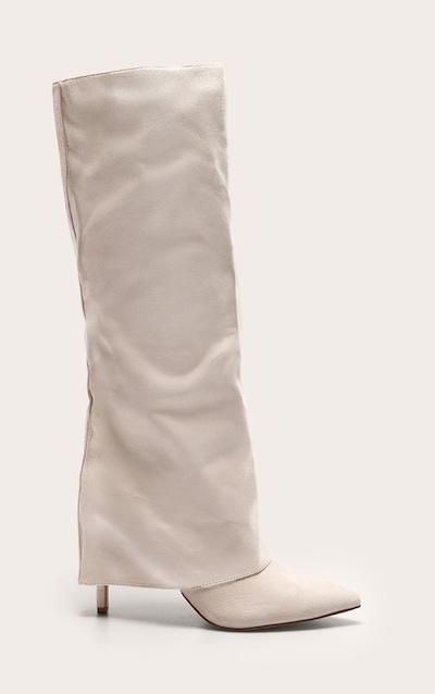 Bottes hautes pointues en suédine gris pierre repliées à talon aiguille haut