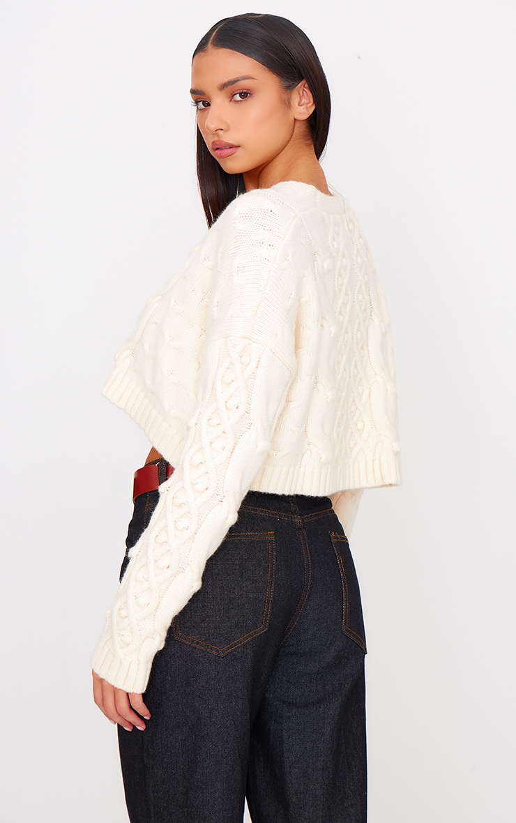 Cream Textured Cable Knit Cropped Cardigan image 2