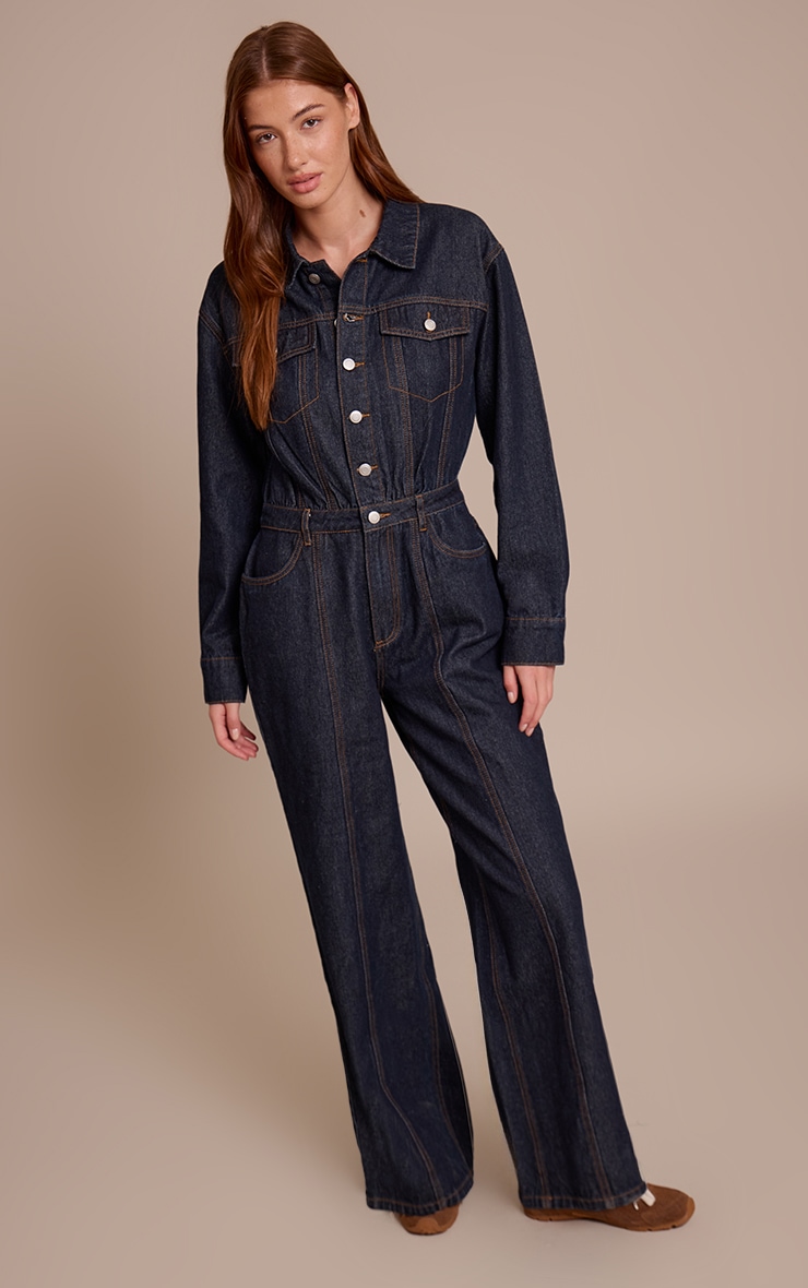 Indigo Contrast Stitch Long Sleeve Denim Jumpsuit image 3