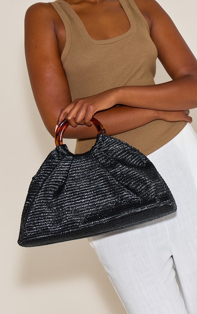 Black Raffia Trapeze Hand Bag