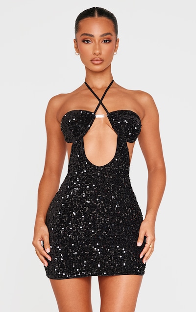 Petite Black Cup Detail Open Back Sequin Mini Dress