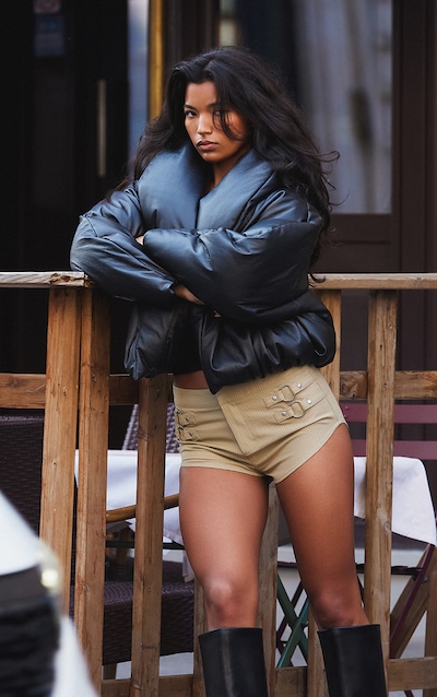 Black Exaggerated Collar PU Cropped Puffer Coat