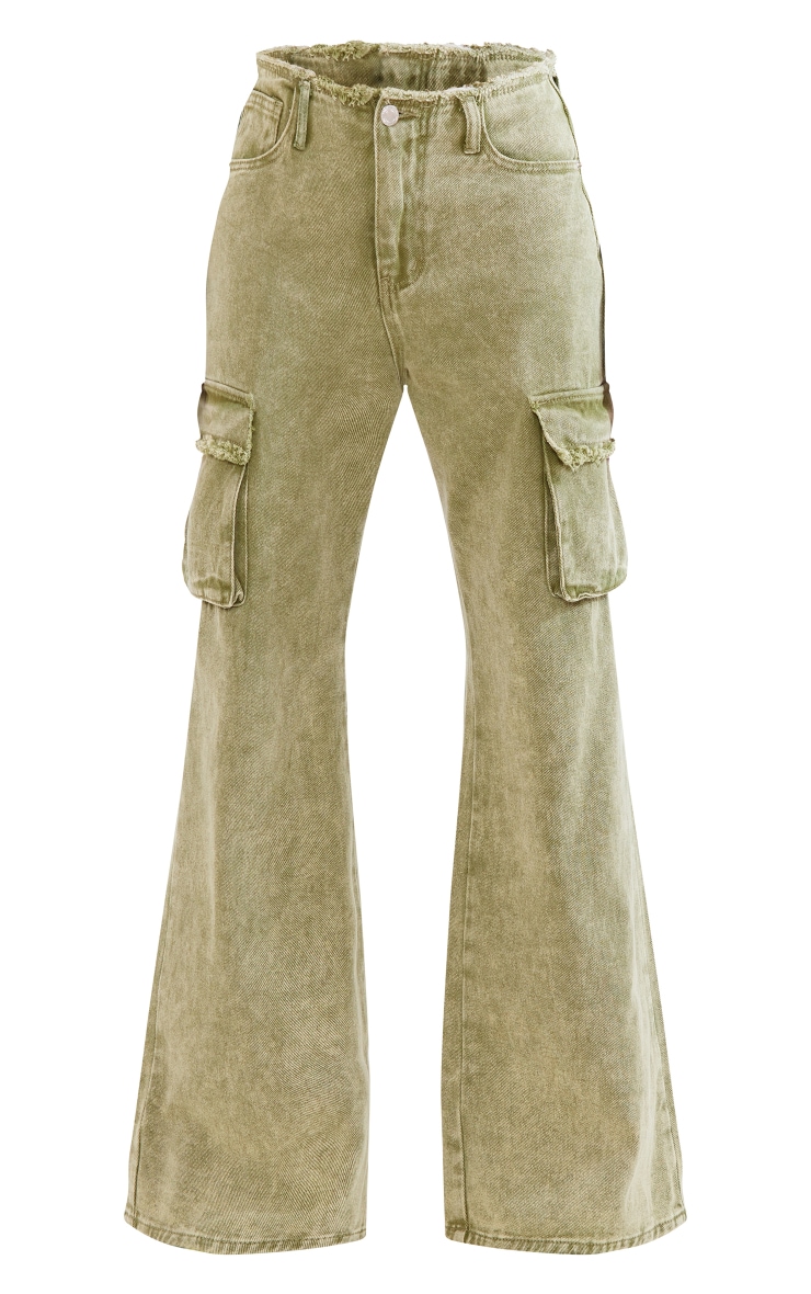 Washed Khaki Frayed Waistband Utility Pocket Denim Cargos image 2