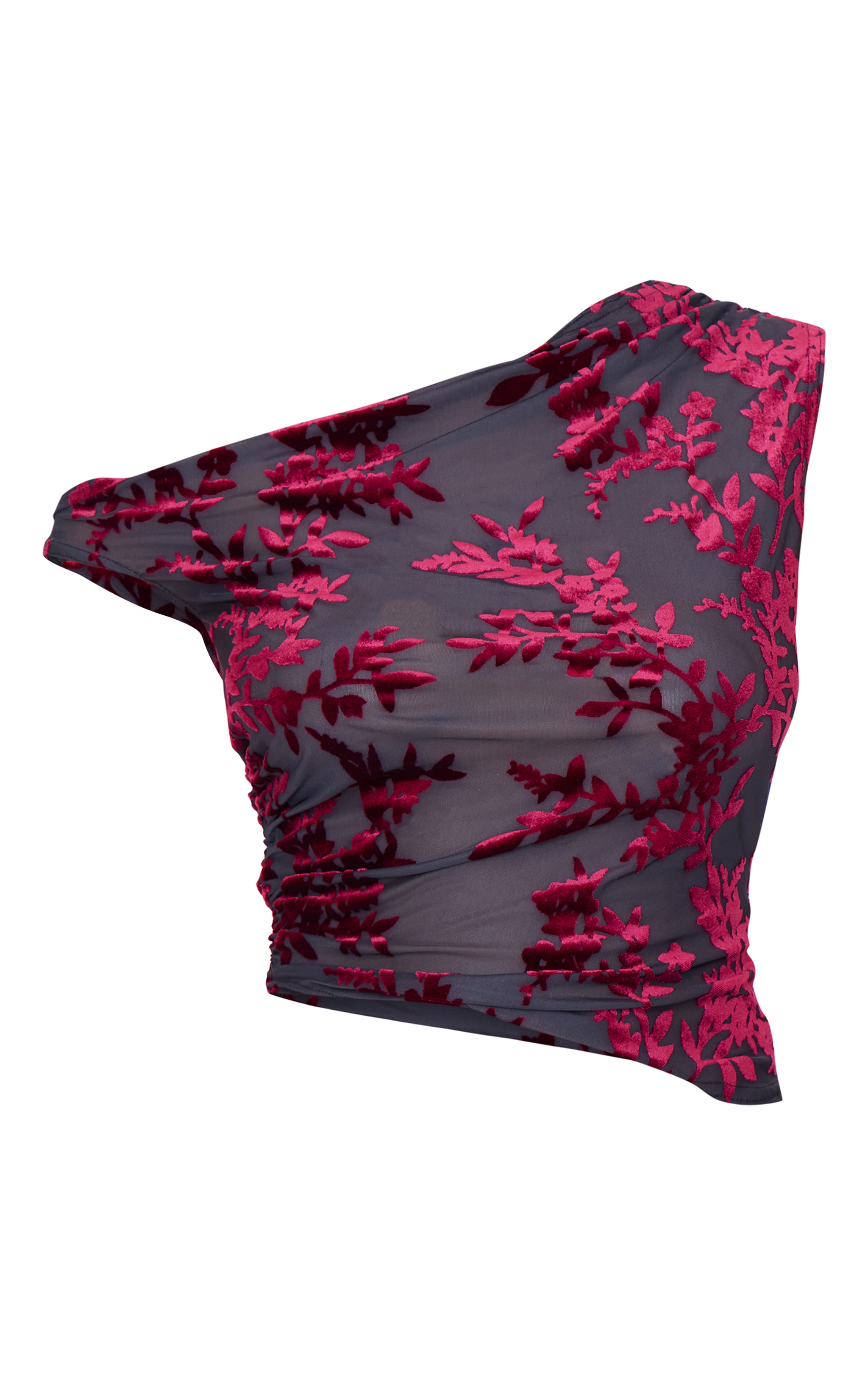 Burgundy Devore Floral Detail Asymmetric Shoulder Long Top image 5