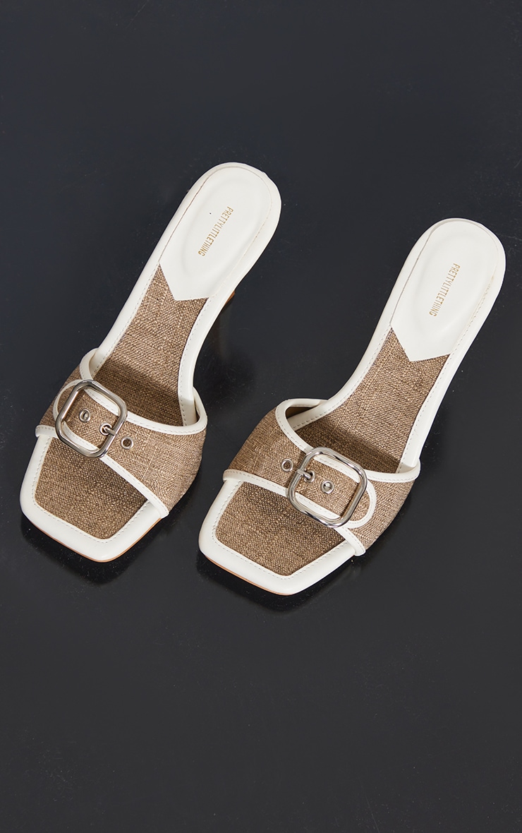 White Square Toe Contrast Linen Buckle Detail Mid Heeled Sandals image 3