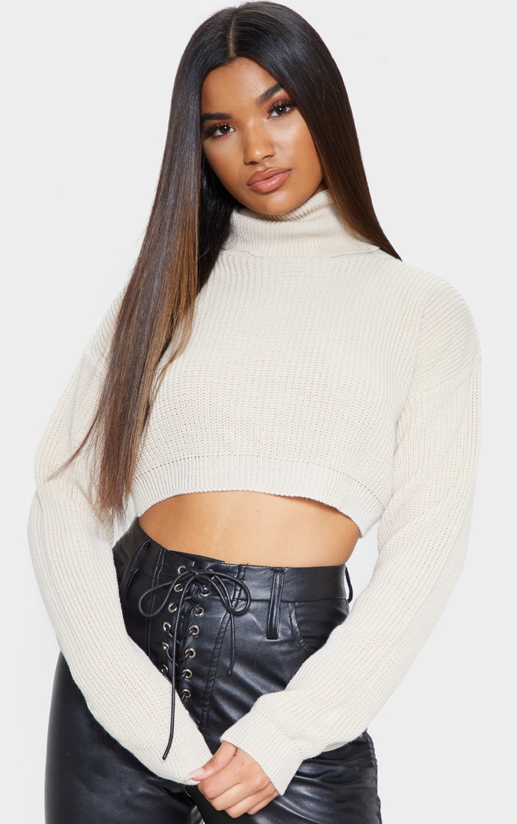 Stone Super Cropped High Neck Knitted Jumper PrettyLittleThing USA