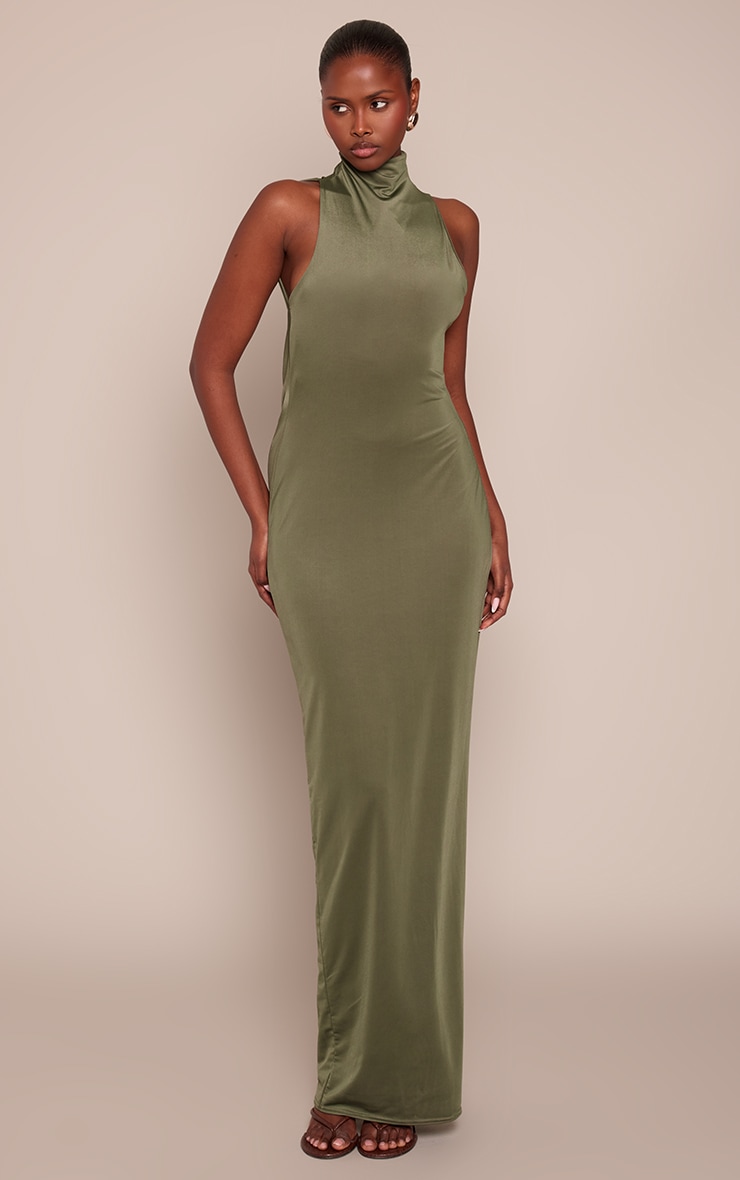 Khaki Slinky High Neck Asymmetric Maxi Dress