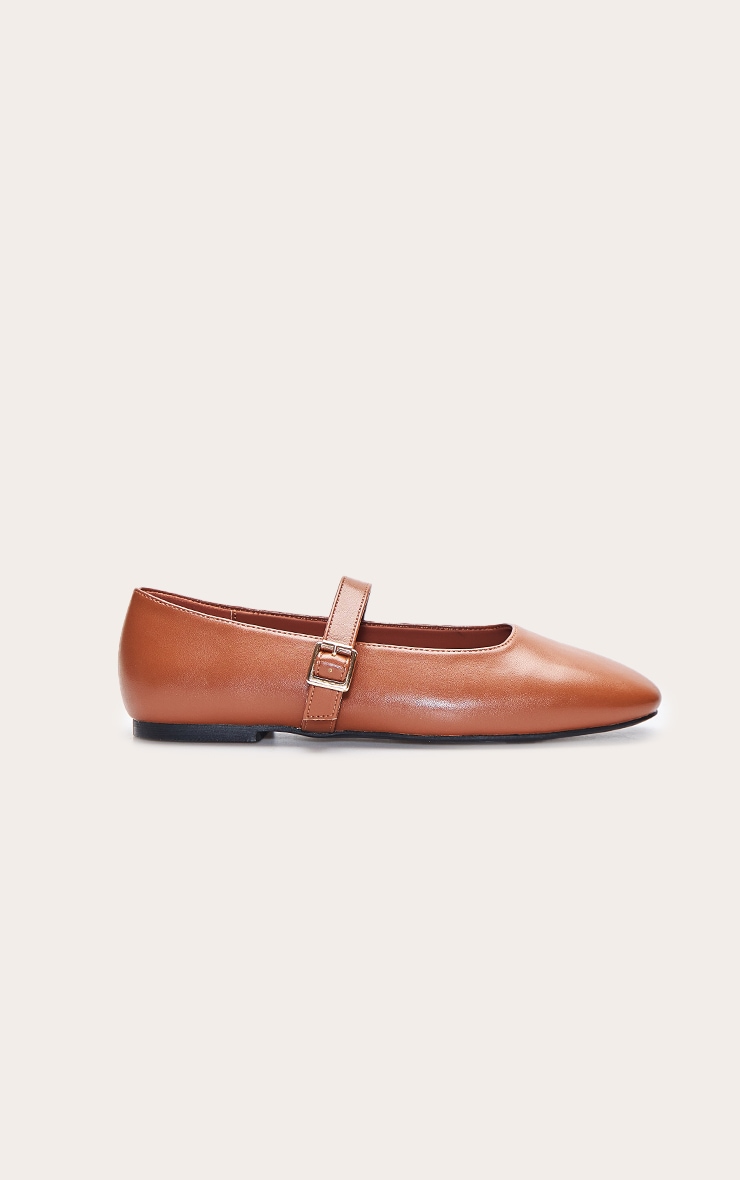 Camel Faux Suede Square Toe Buckle Ballet Flats image 2