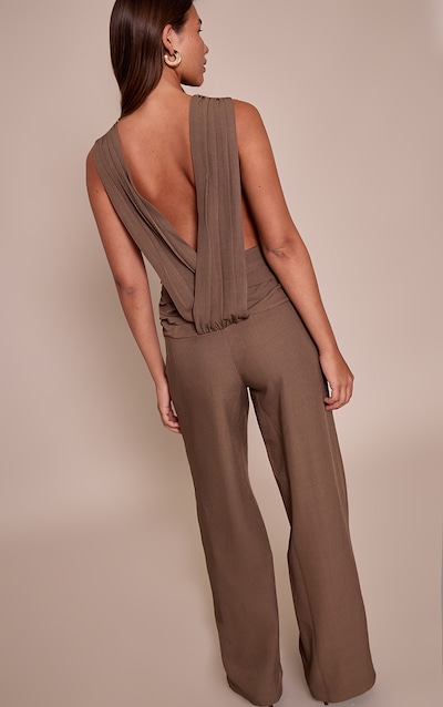 Khaki Woven Crew Neck Ruched Wide Leg Jumpsuit