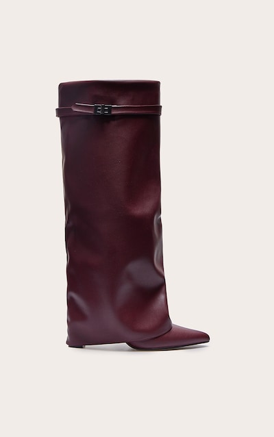 Bottes hautes en PU bordeaux repliées à talon carré et bout pointu