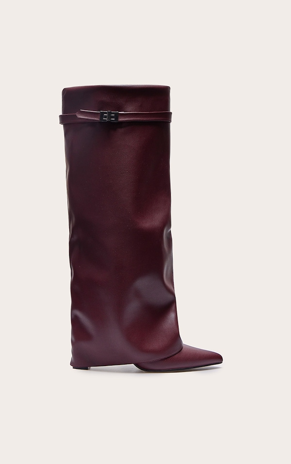 Bottes hautes en PU bordeaux repliées à talon carré et bout pointu
