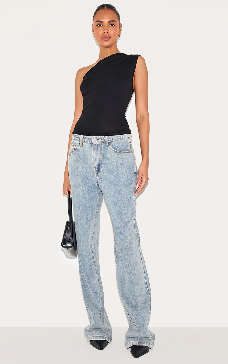 Black Soft Cotton Asymmetric One Shoulder Long Top image 3