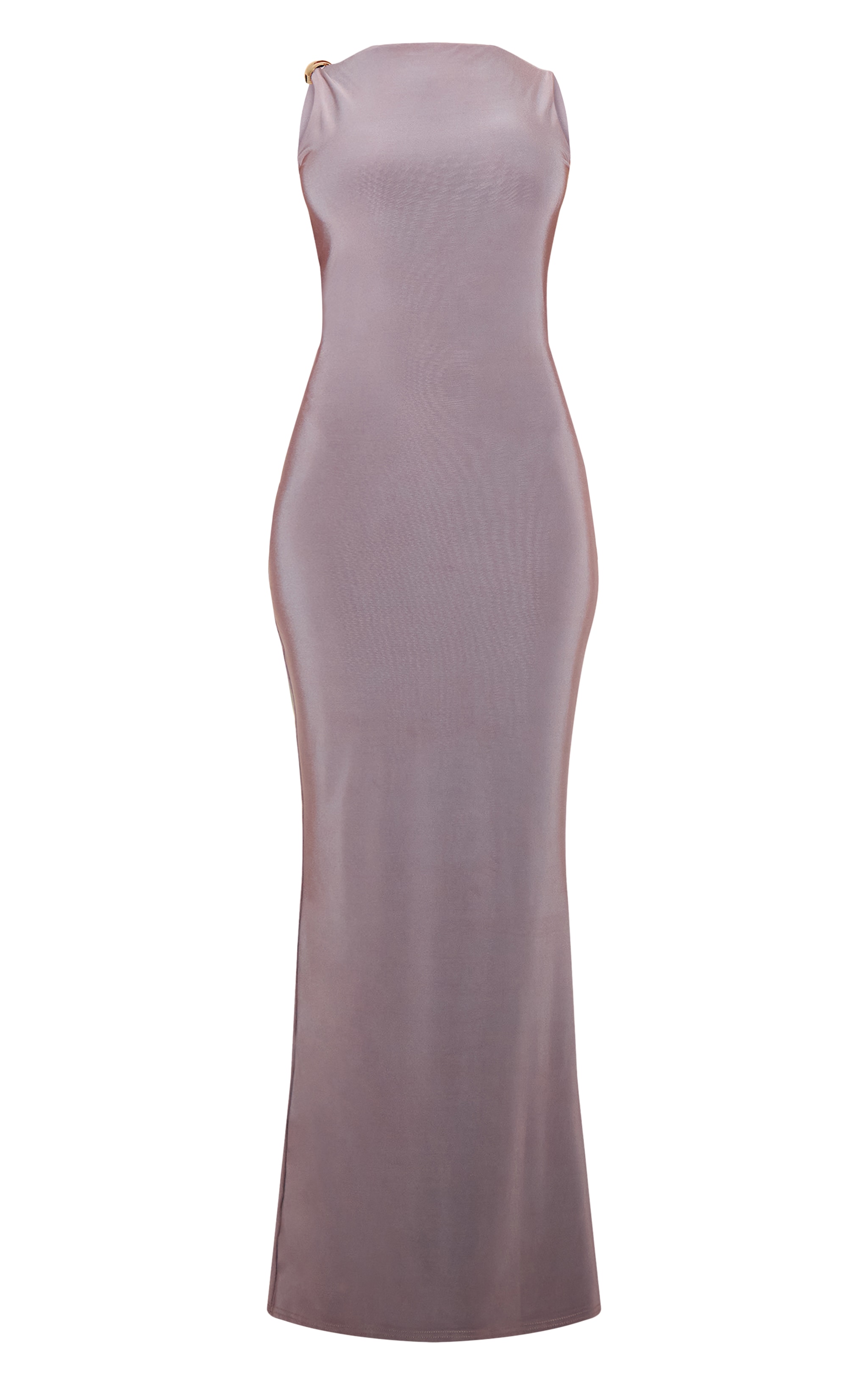 Petite Taupe Asymmetric Shoulder Gold Detail Maxi Dress image 5