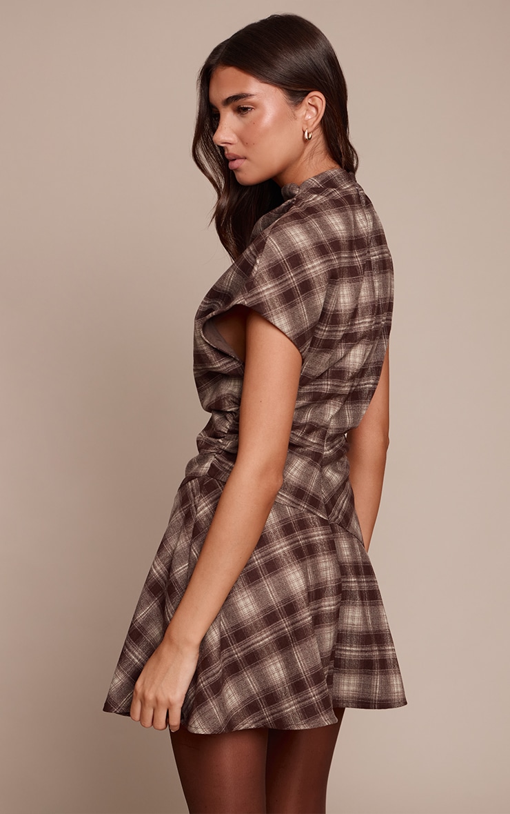 Brown Check Boat Neck Ruched Detail Shift Dress image 2