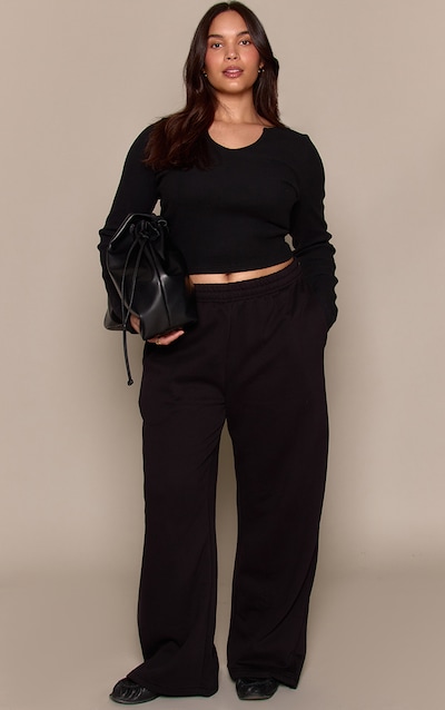 Plus Cotton Fleece Black Straight Leg Sweatpants