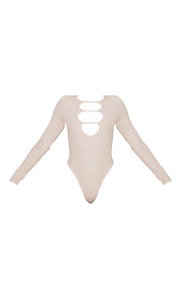 Cream Stretch Rib Diamante Cut Out Bodysuit image 5