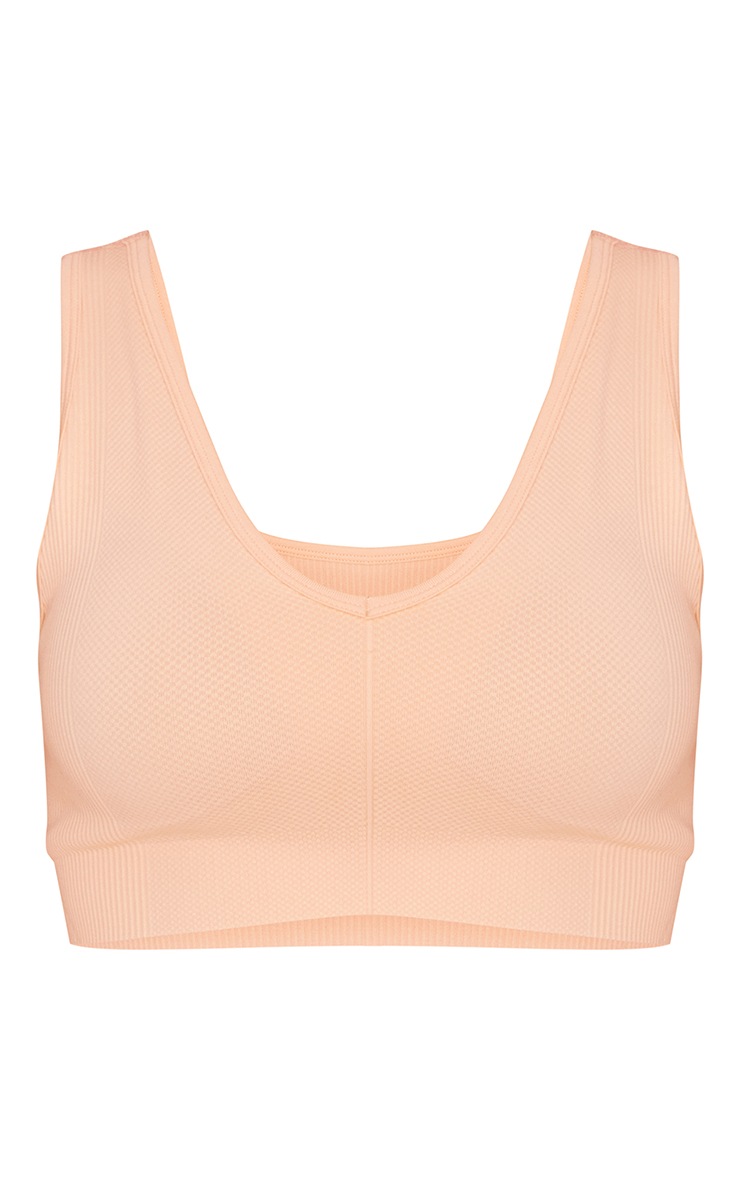 Peach Textured Seamless V Neck Cropped Sports Top image 5
