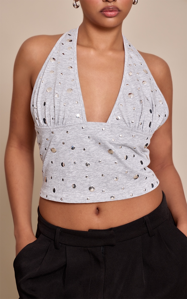 Petite Grey Halterneck Stud Detail Crop Top image 4
