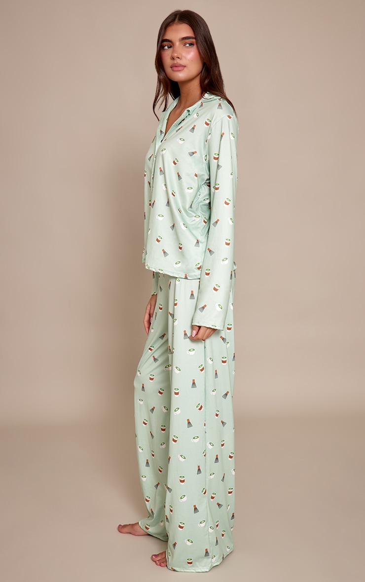Sage Matcha Print Long Sleeve Button Through Pj Set image 3