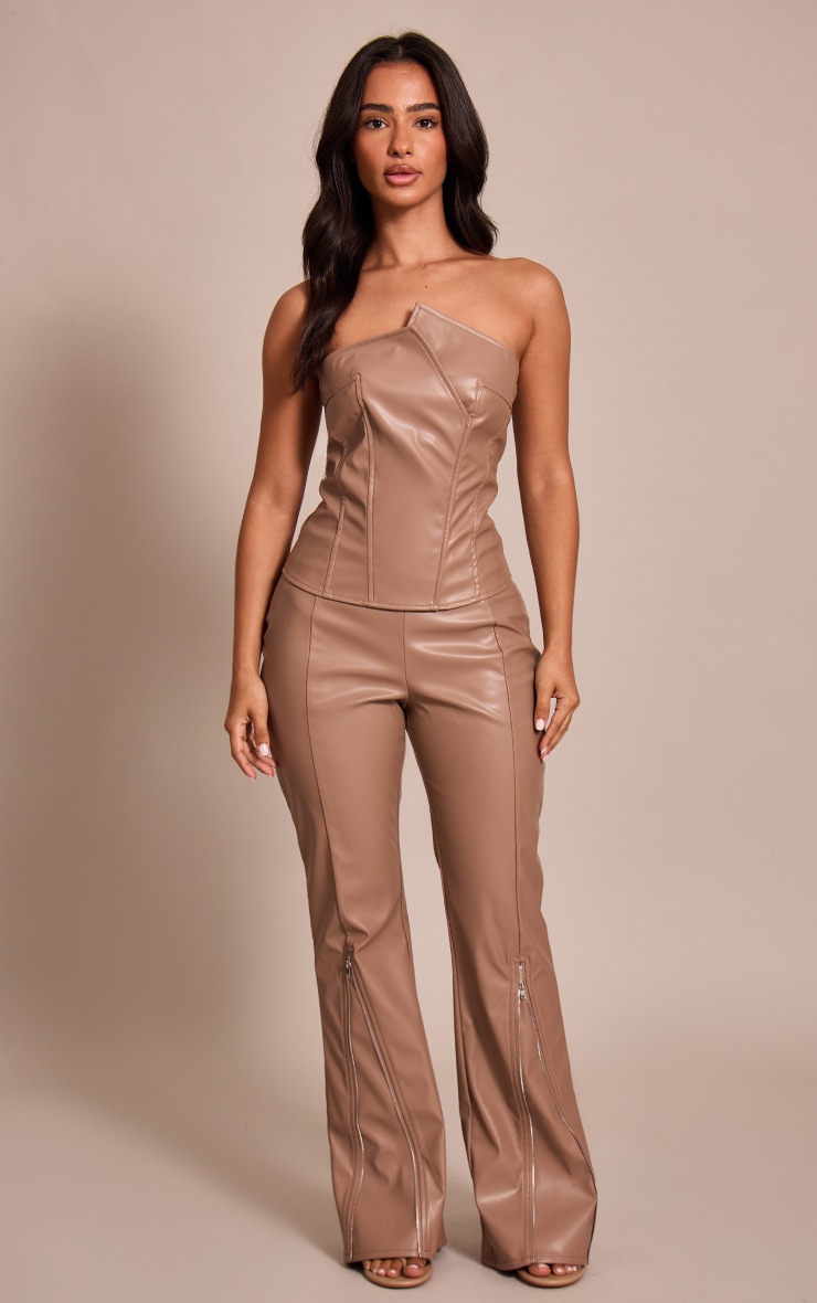 Petite Taupe Faux Leather Zip Up Bandeau Top image 3