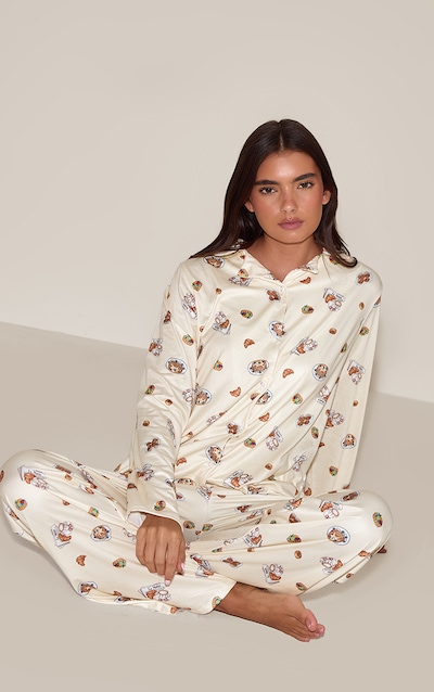 Ensemble de pyjama jaune citron imprimé petit-déjeuner à manches longues et boutons