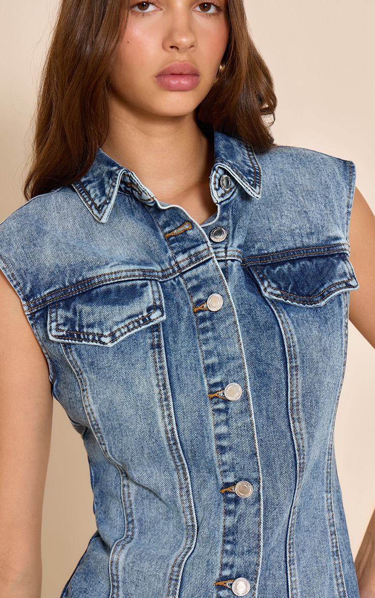 Mid Blue Wash Boxy Shoulder Denim Shirt Dress image 4