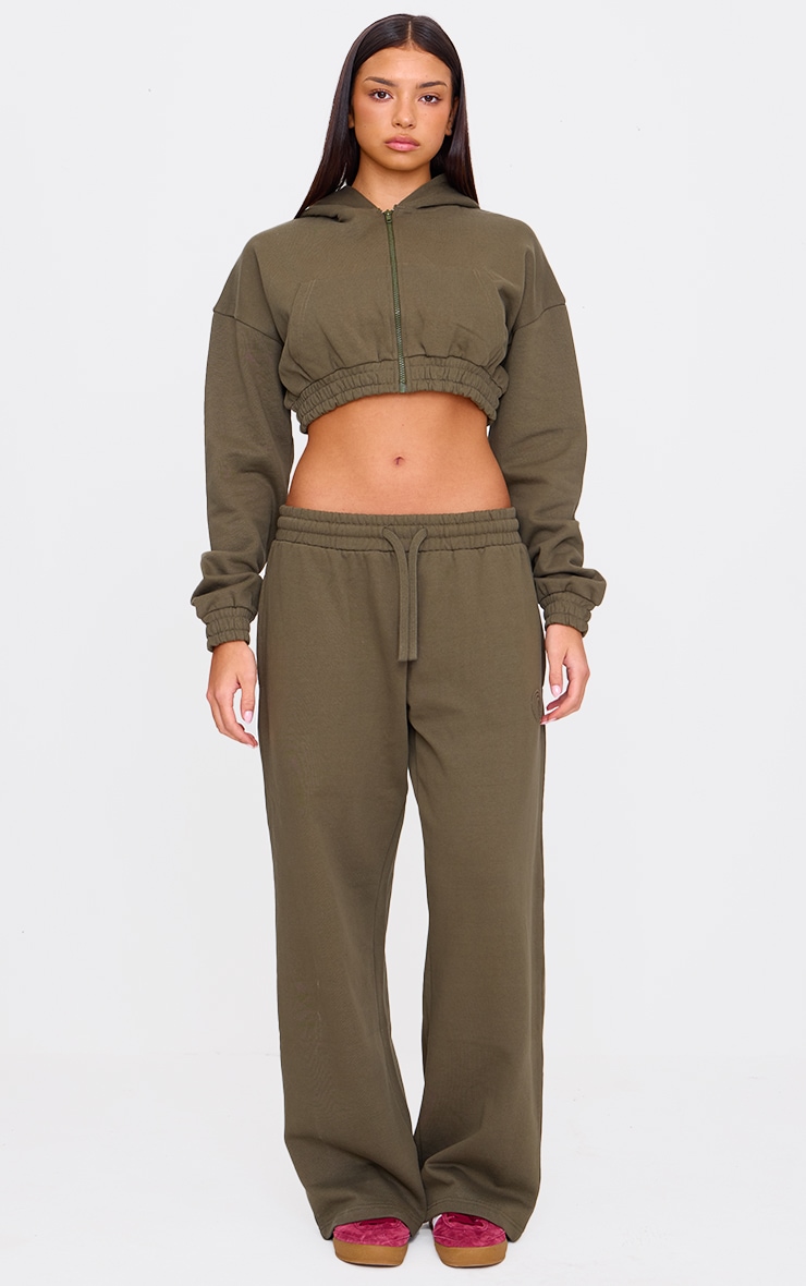 Olive Premium Cropped Waistband Detail Sweat Hoodie image 3