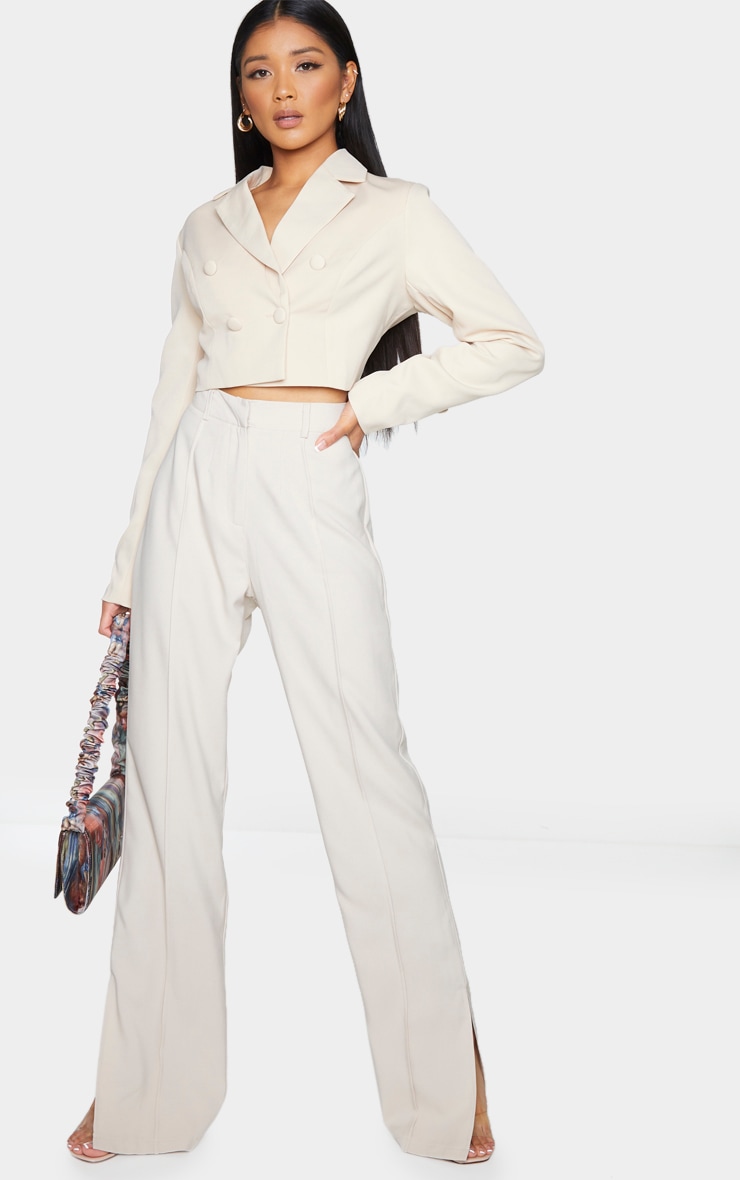 Beige Pintuck Detail Split Hem Woven Pants
