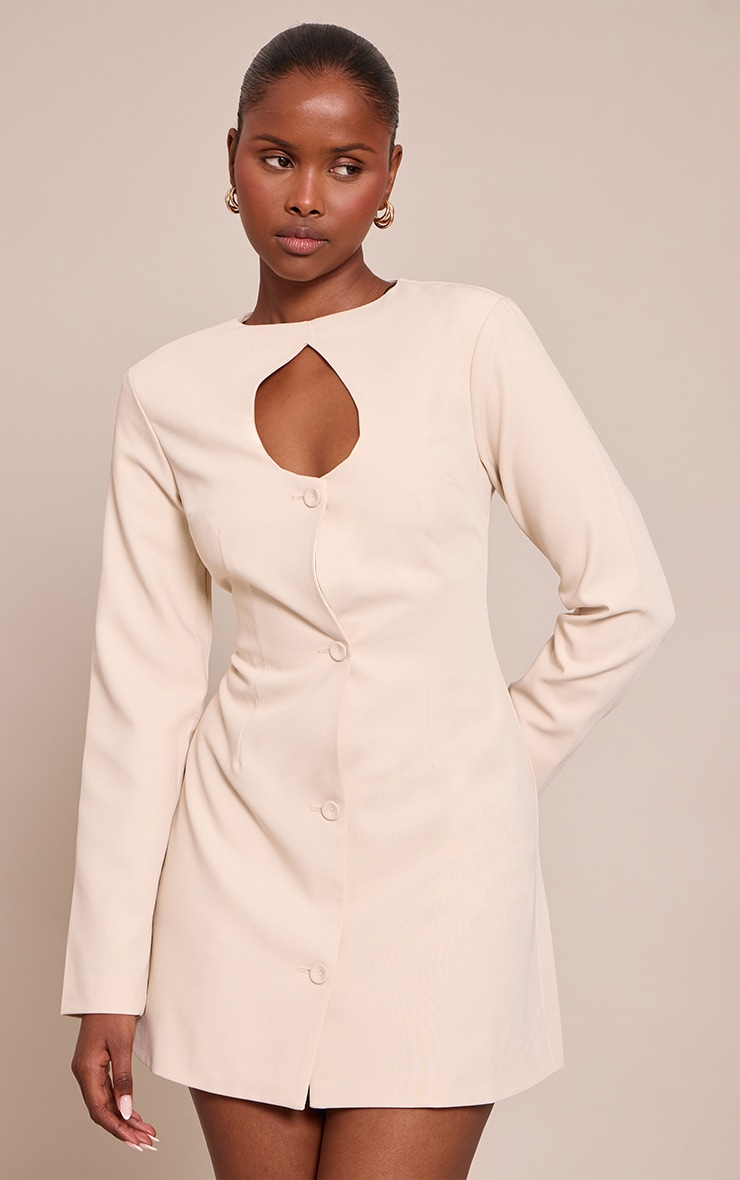 Cream Woven Long Sleeve Mini Dress image 1