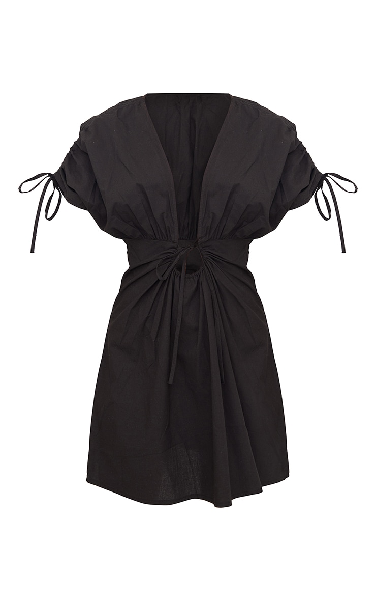 Black Linen Ruched Puff Sleeve Shift Dress image 5