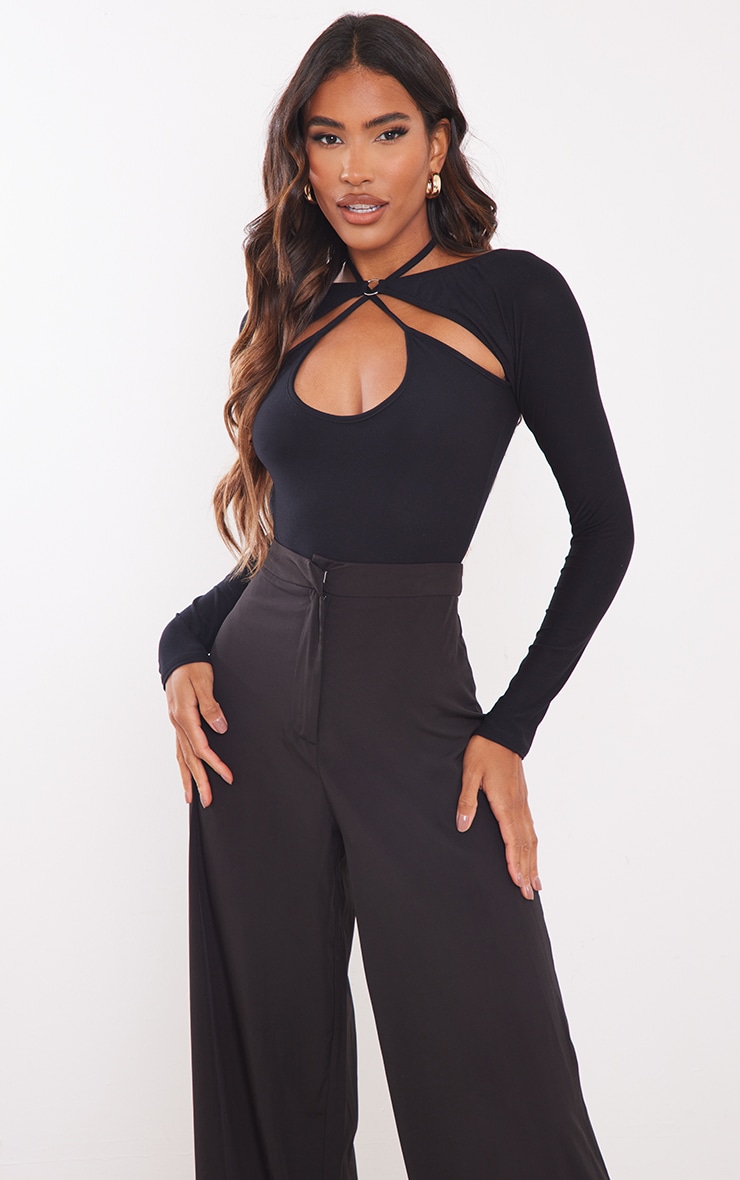 Black Jersey Ring Bardot Cut Out Bodysuit