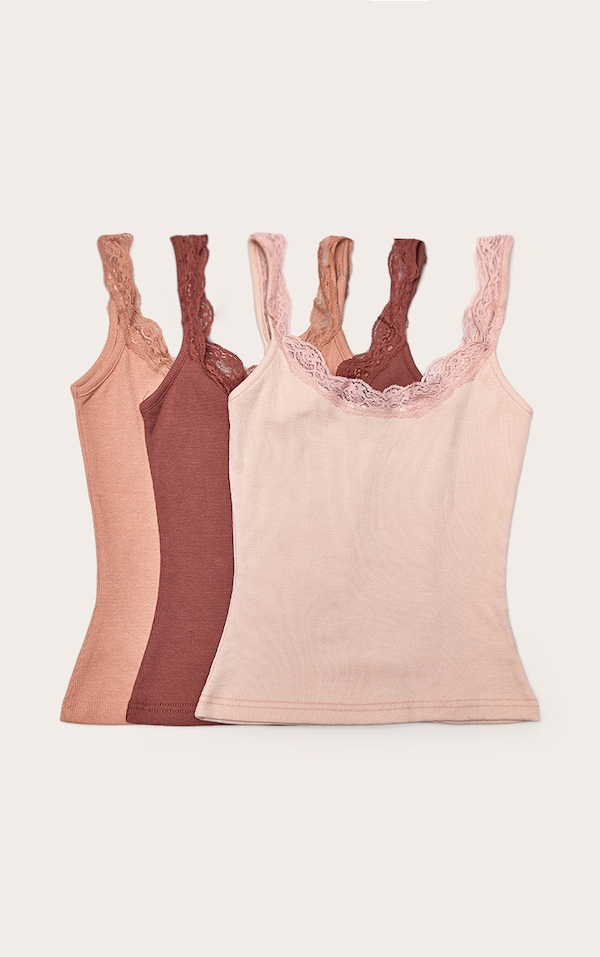 Pink Multi Pack of 3 Ribbed Lace Trim PJ Vests