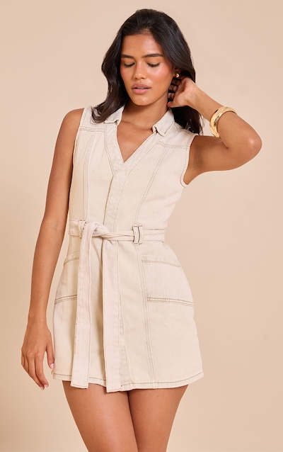 Stone Tie Waist Utility Style Denim Dress
