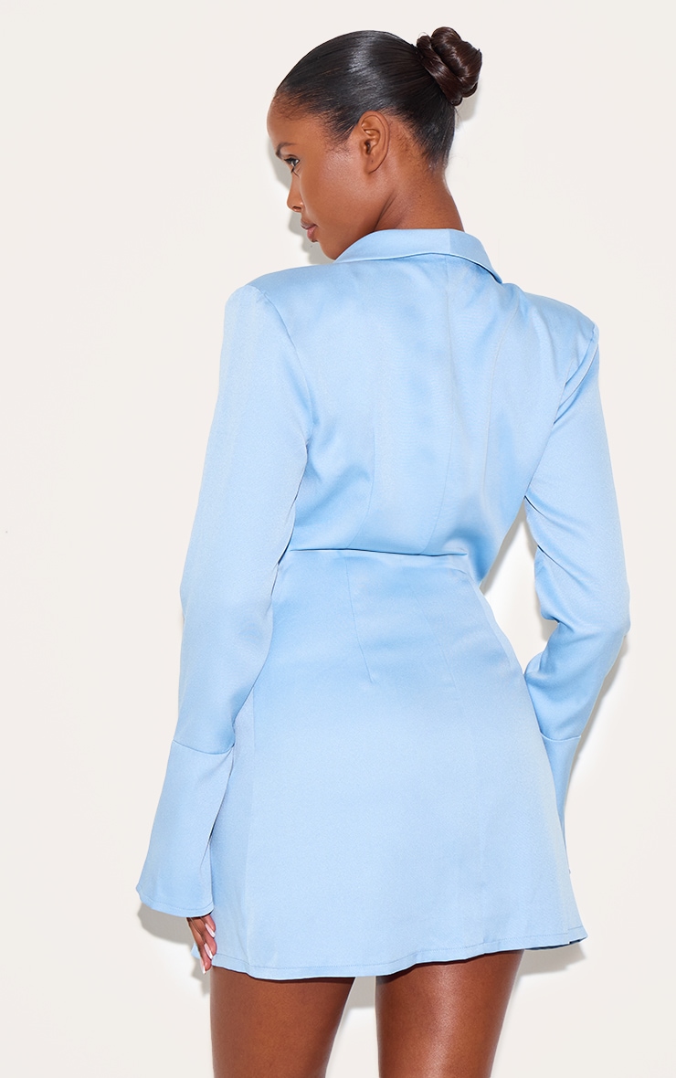Light Blue Double Breasted Flute Sleeve Blazer Dress image 2