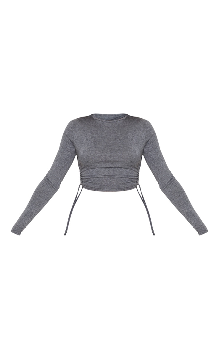 Charcoal Grey Jersey Ruched Side Long Sleeve Crop Top image 3