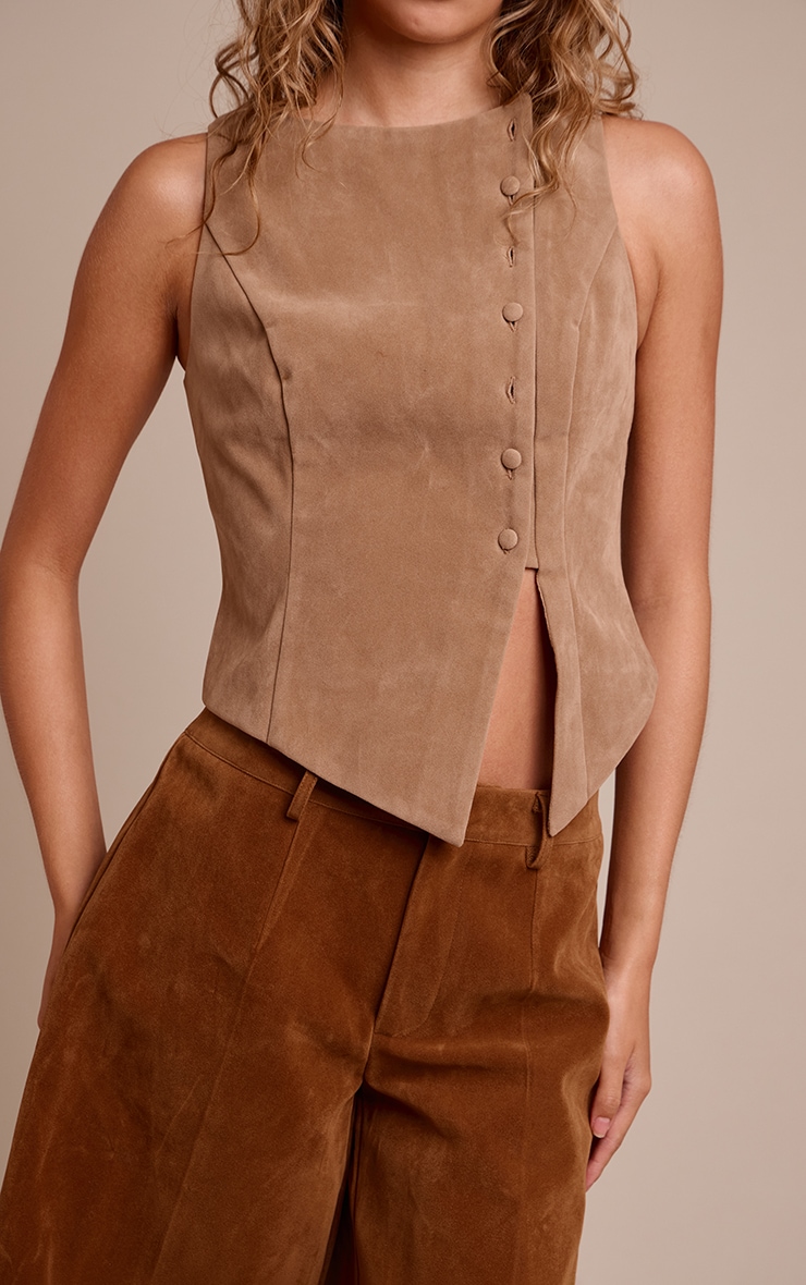 Tan Faux Suede Asymmetric Button Detail Waistcoat image 4