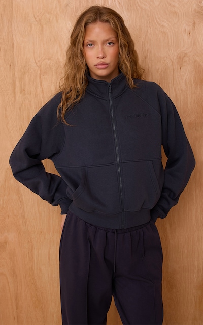 Navy Seam Detail Zip Up Fleeceback Jacket