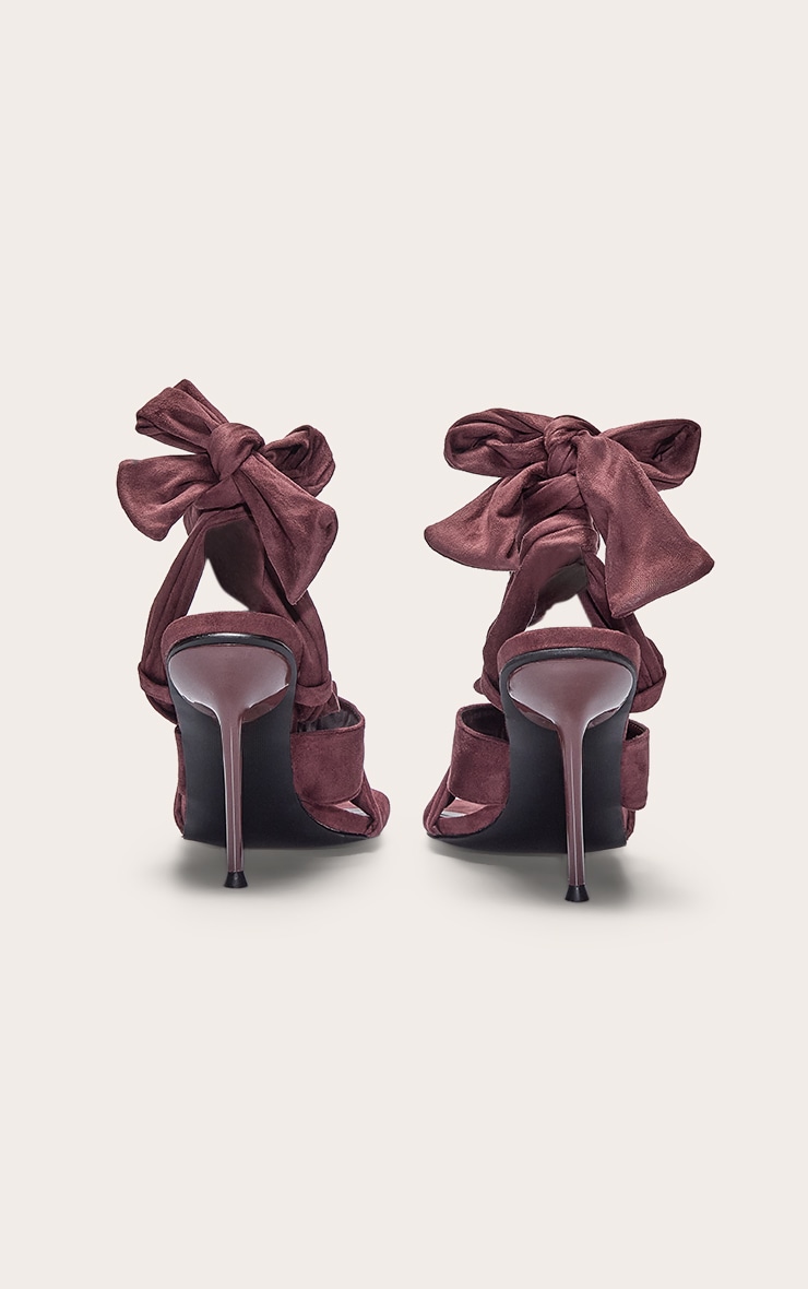 Chocolate Faux Suede Square Toe Thong Lace Up High Stiletto Heeled Sandals image 4