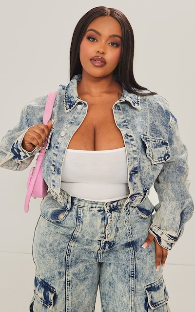 Plus Light Blue Acid Wash Pocket Detail Crop Denim Jacket