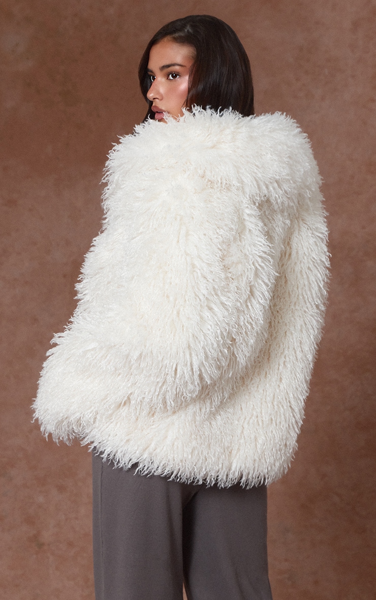 Cream Mongolian Fur Midi Coat image 2