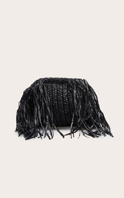 Black Slouchy Raffia Fringe Clutch