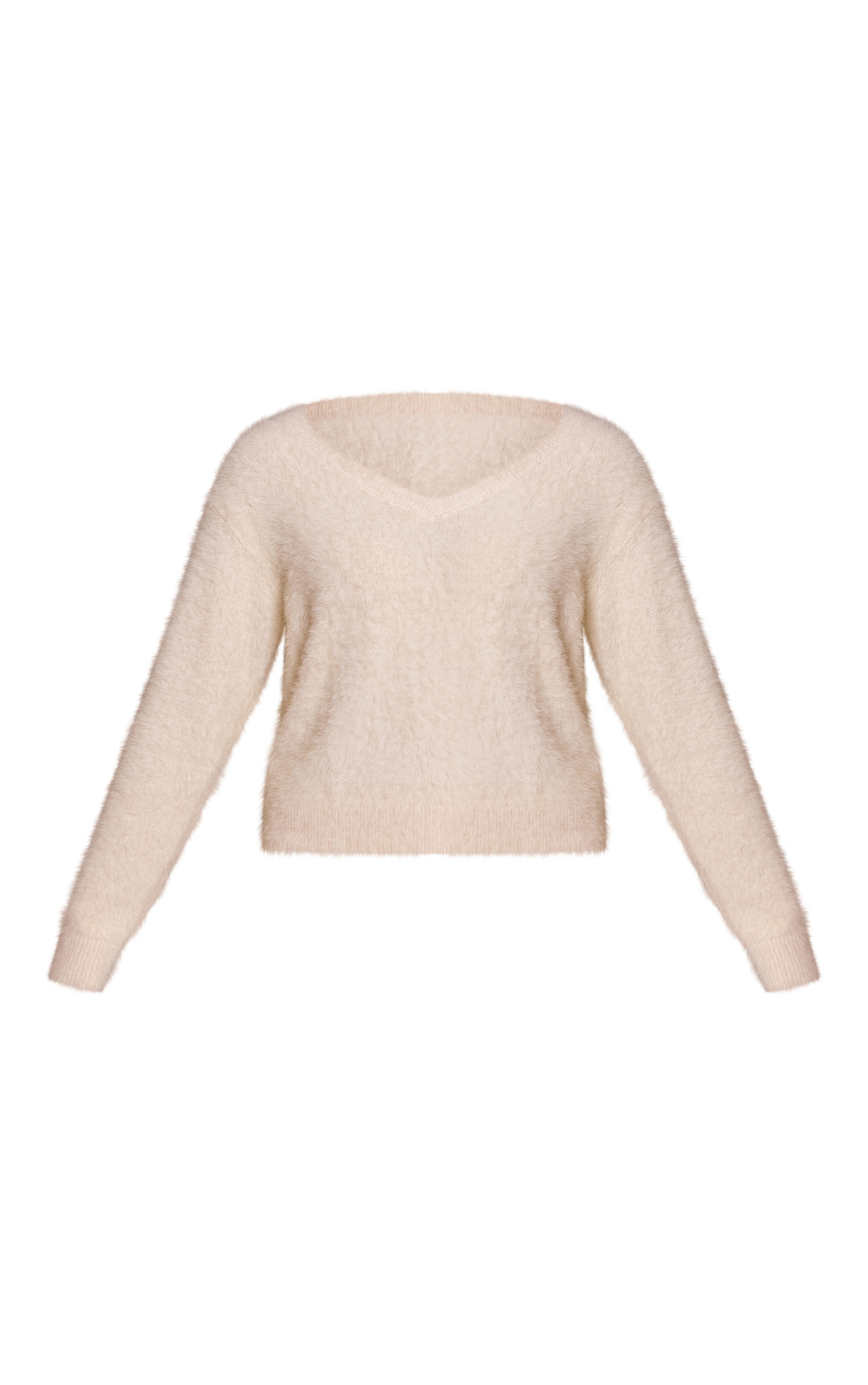 Pull oversize en maille tricot duveteuse crème à col en V image 5