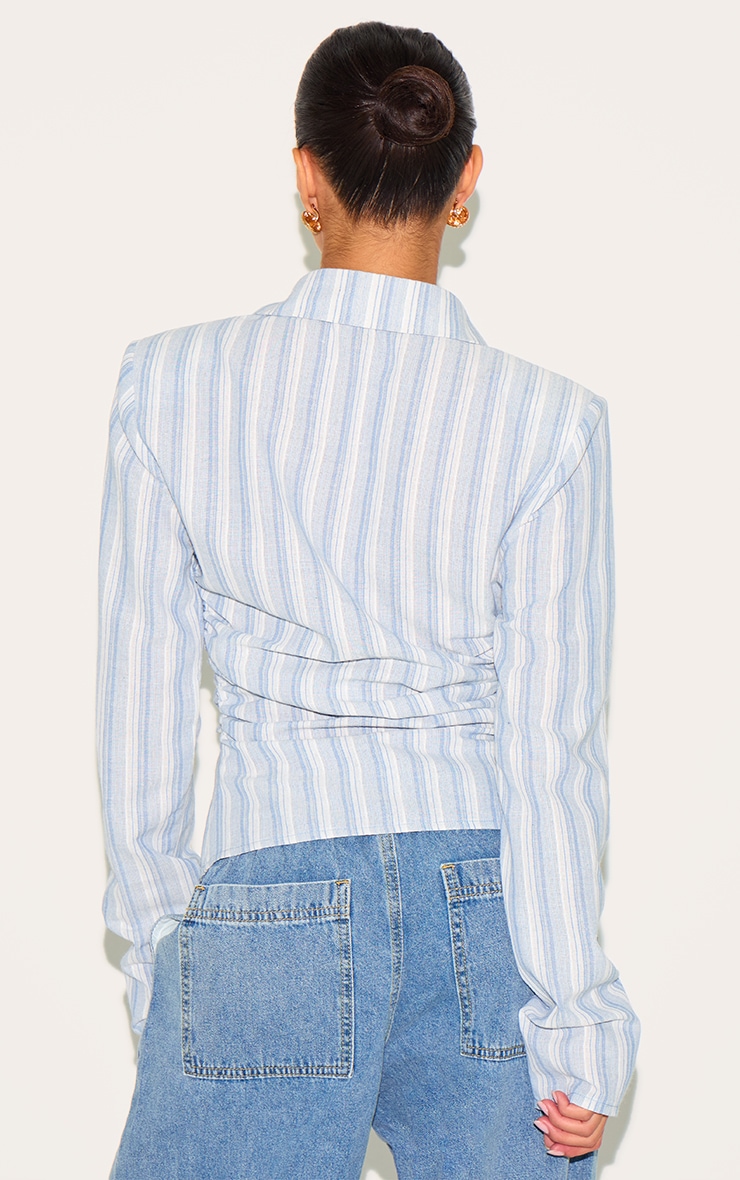 Petite Blue Stripe Linen Look Shoulder Padded Fitted Shirt image 2