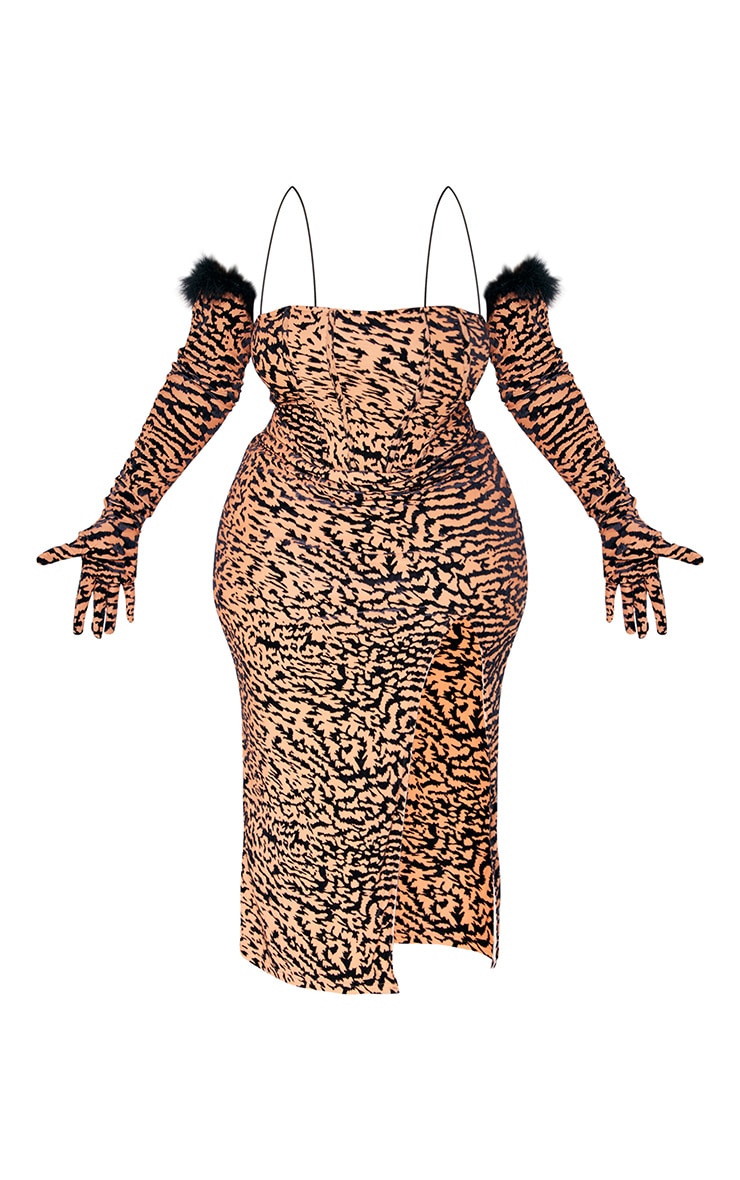 Plus Nude Devore Glove Detail Side Split Midaxi Dress