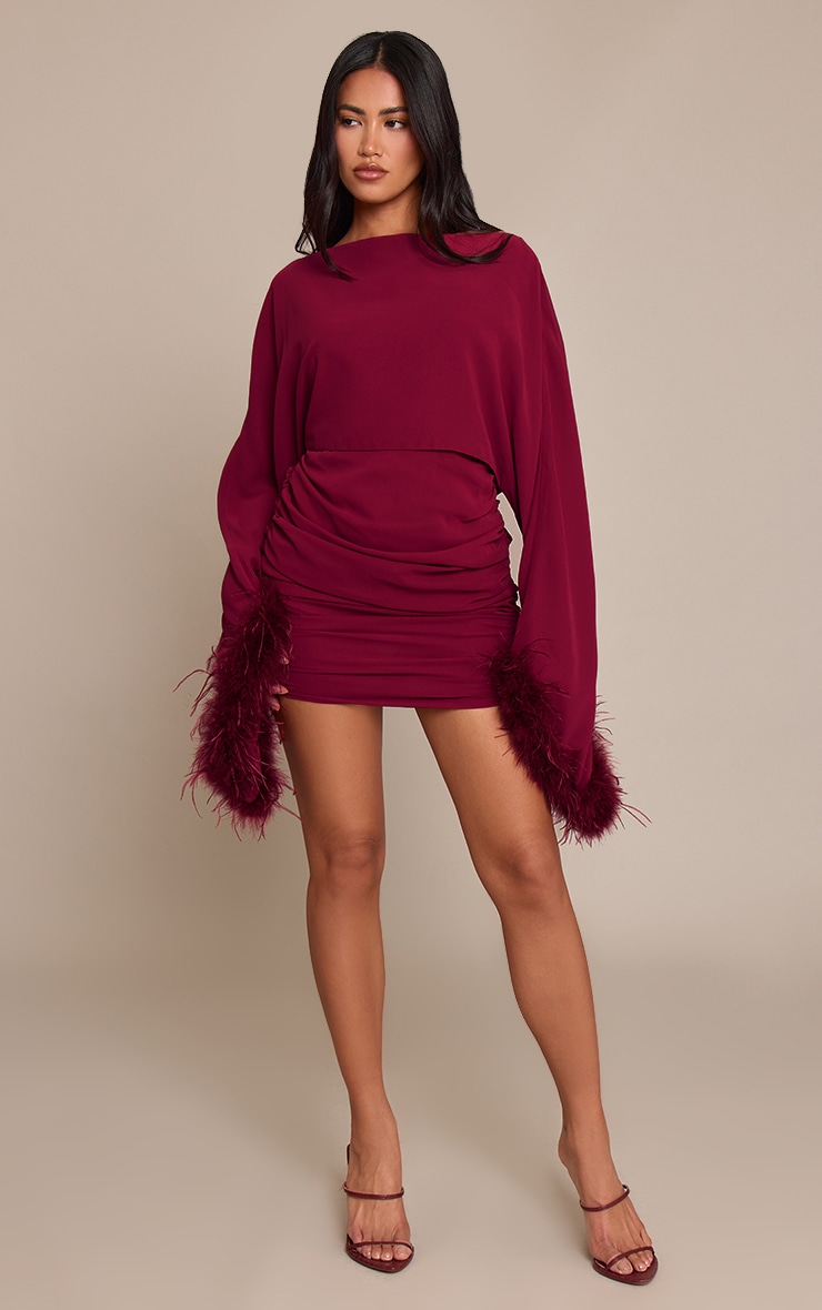 Wine Extreme Feather Cuff Ruched Bodycon Dress