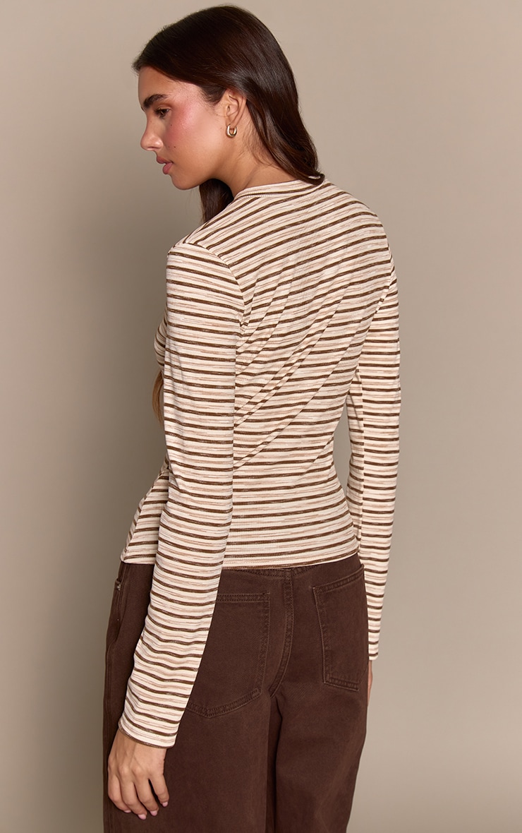 Light Brown  Soft Rib Striped Detail  Fitted Long Sleeve Top  image 2