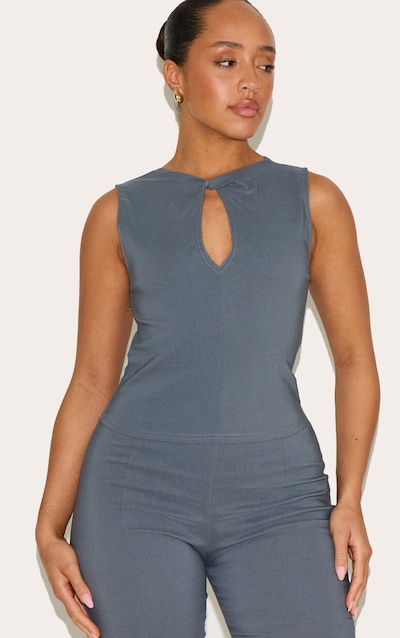 Shape Charcoal Stretch Woven Twist Neck Keyhole Top