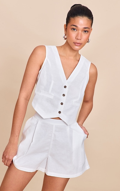 White Linen Look Boxy Detail Waistcoat